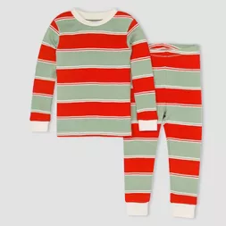 Photo 1 of Burt's Bees Baby® Toddler Rugby Striped Organic Cotton Tight Fit Pajama Set - Red/Green  SZ 4T 
