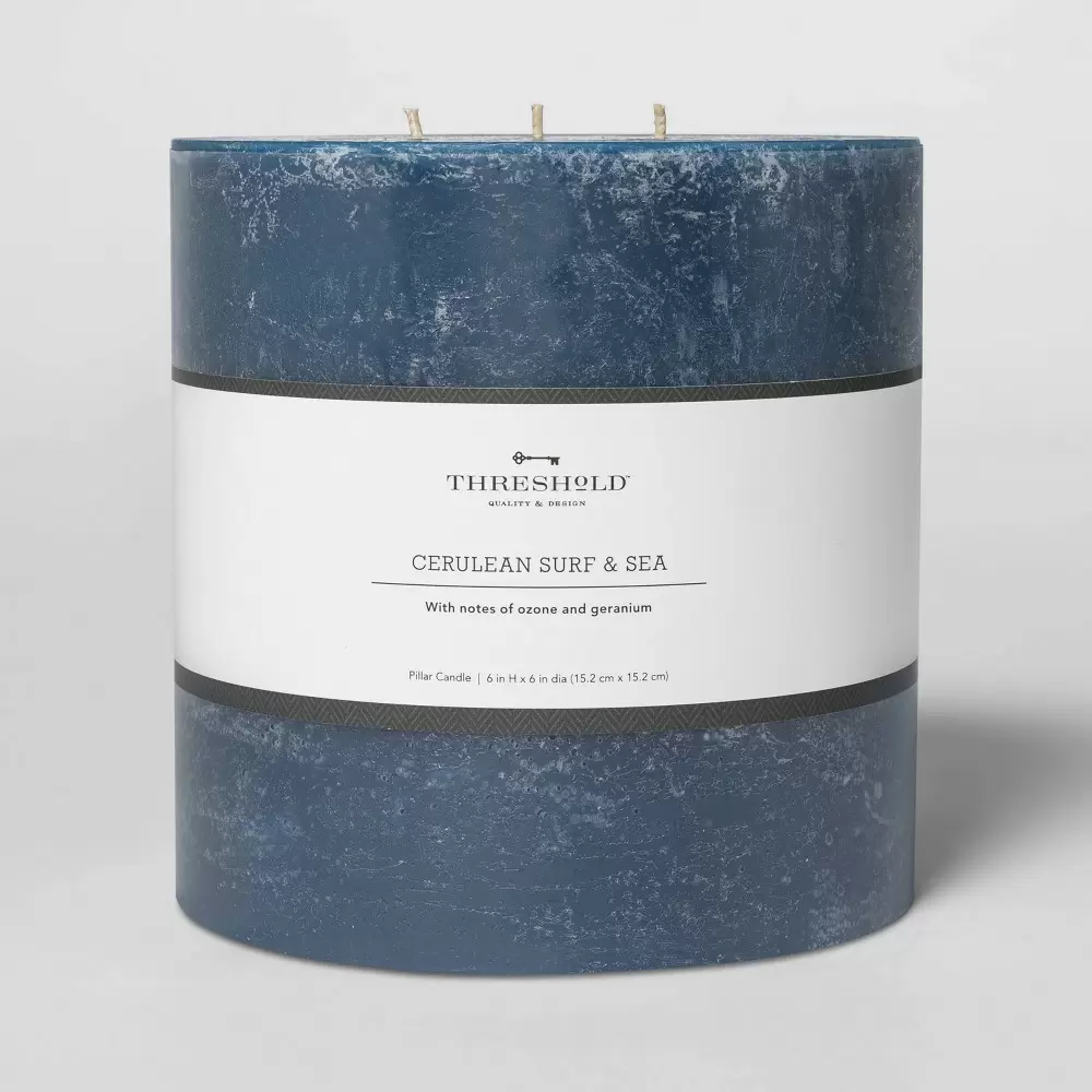 Photo 1 of 6" x 6" Pillar Cerulean Surf and Sea Candle Navy - Threshold

