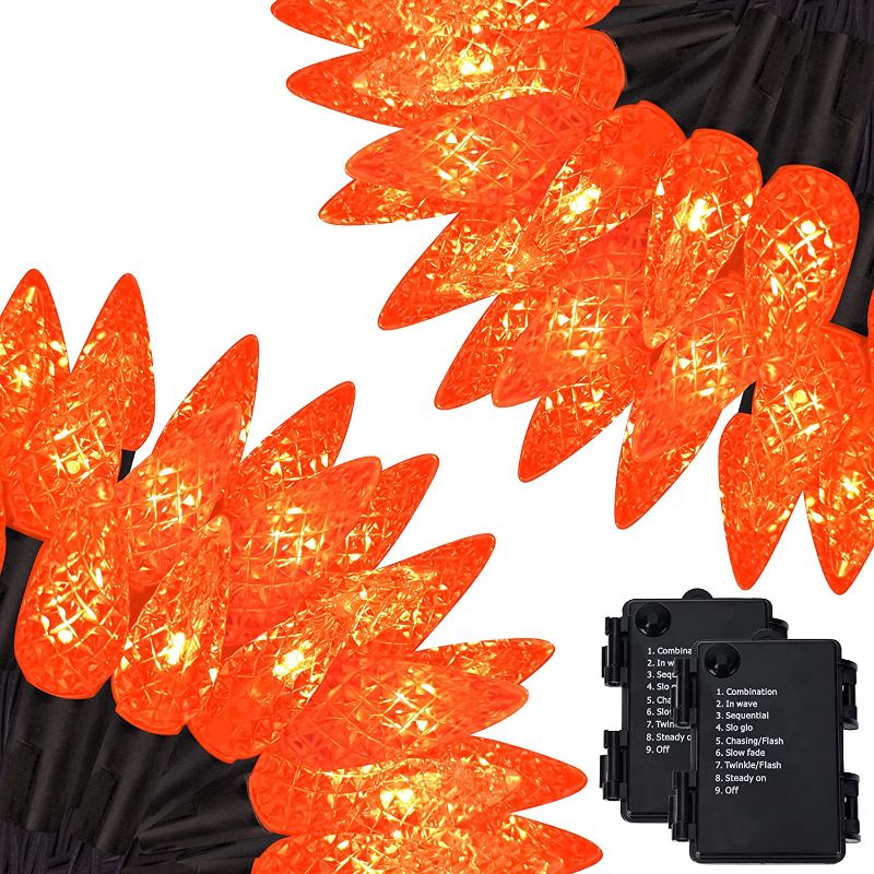 Photo 1 of 2 Pack C6 Orange String Lights Total 100 Lights 33ft Battery Operated Outdoor String Lights with 8 Modes Waterproof Thanksgiving Lights for Christmas Decorations Fall Thanksgiving Patio Garden Decor