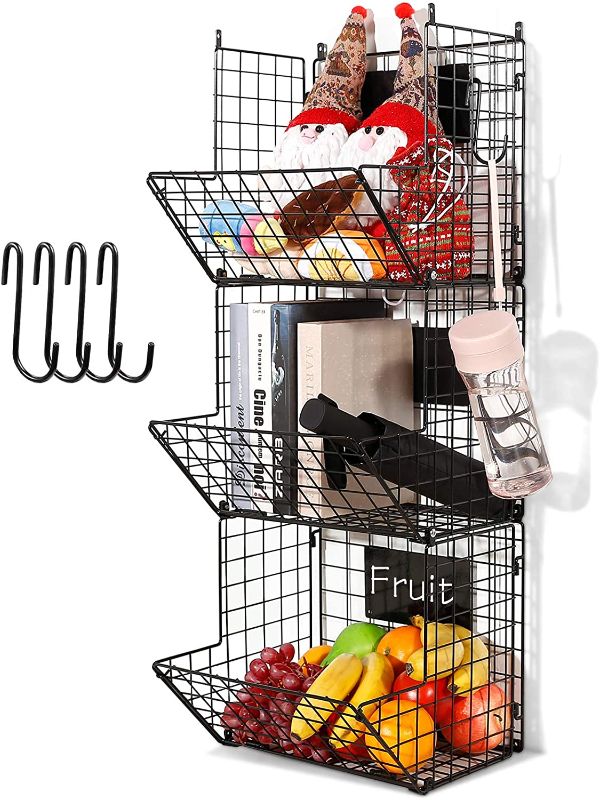 Photo 1 of 3 Tier Hanging Wire Basket - Wall Mounted Storage Bins for Pantry with Removable Chalkboards, Kitchen Fruit and Vegetable Storage Baskets, Metal Shelves Pantry Organization Containers Rack Produce Bin