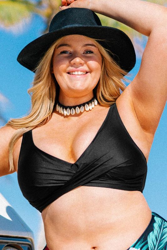 Photo 1 of Cecilia Black V-Neck Lace Up Plus Size Bikini Top
