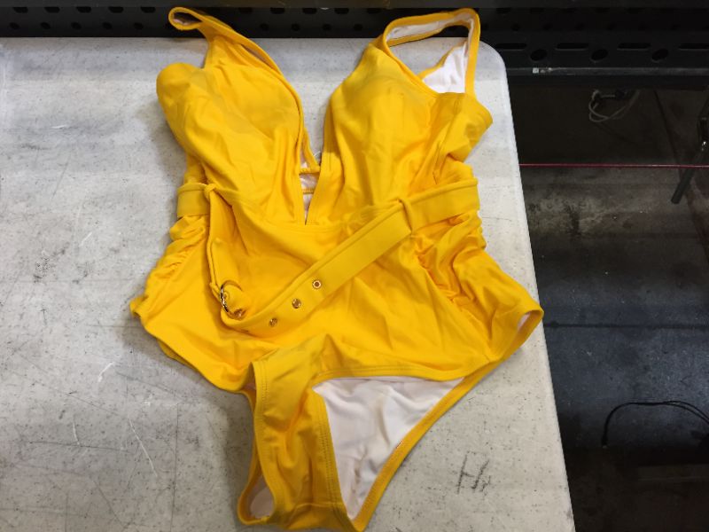 Photo 2 of Amanda Yellow Plunge Neck Belted One Piece Swimsuit
