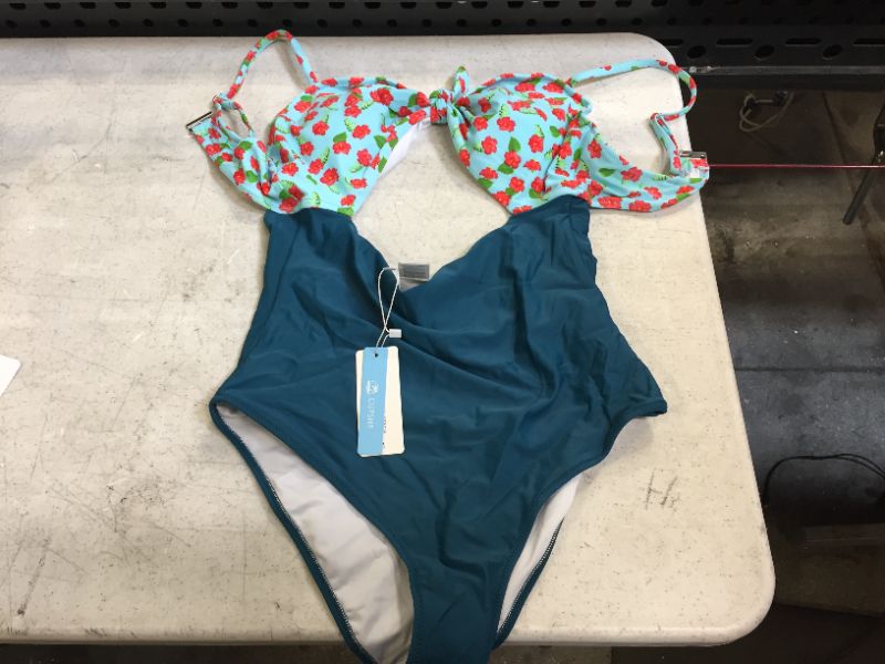 Photo 2 of Mini Hibiscus And Solid Blue One-Piece Swimsuit
