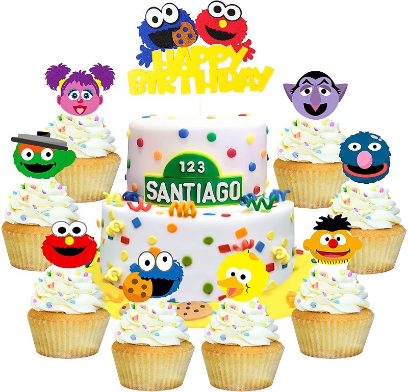 Photo 1 of PANTIDE 49 Pcs Sesame Inspired Cake & Cupcake Toppers Kit, Happy Birthday Sesame Cake Topper Cupcake Toppers Elmo Monster Big Bird Birthday Party Supplies Favors Cake Decorations for Kids 4 pack 
