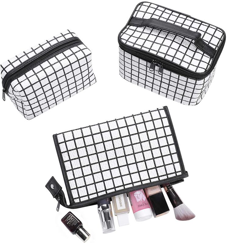 Photo 1 of Cosmetic Bags for Women,Sawella 3Pcs Travel Cosmetic Bag ,Multifunctional Makeup Bag with Black Zipper, Waterproof Toiletry Bags for Women,Black-White