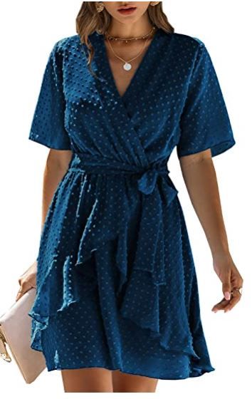 Photo 1 of BTFBM Women Fashion Faux Wrap Swiss Dot V-Neck Short Sleeve High Waist A-Line Ruffle Hem Plain Belt Short Dress
Size: L 