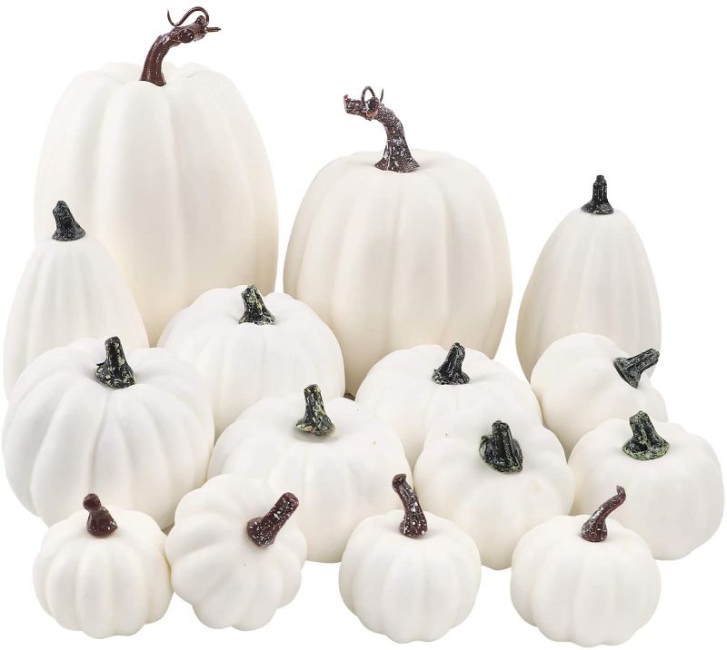 Photo 1 of FUNARTY 16pcs White Pumpkins Decorations Artificial Pumpkins Set Fall Decorative Assorted Fake Pumpkin for Harvest Halloween Party Thanksgiving Home Decor
