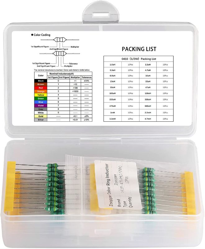 Photo 1 of 2 PACK Zoopper 0410 (0.5W) Color Ring Inductor Kit Color Code Inductor Assortment Kit 1uH to 4.7mH 20 Values 200 Pcs
