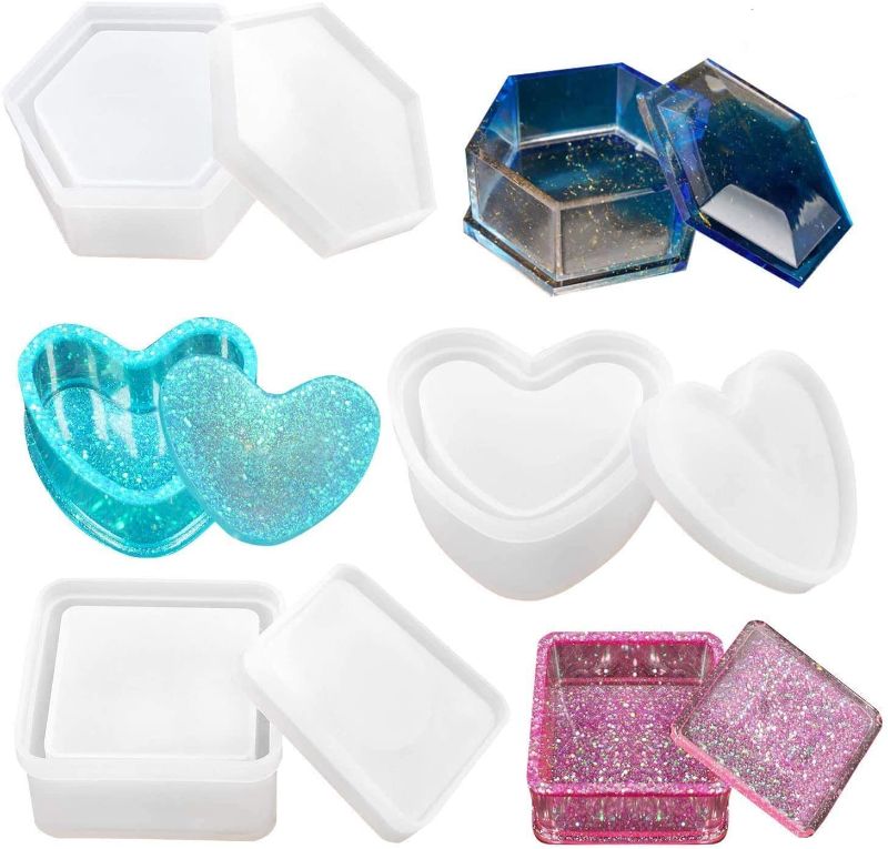 Photo 1 of 3x Box Resin Molds, Jewelry Box Molds with Heart Shape Silicone Resin Mold, Hexagon Storage Box Mold and Square Epoxy Molds for Making Resin Molds
