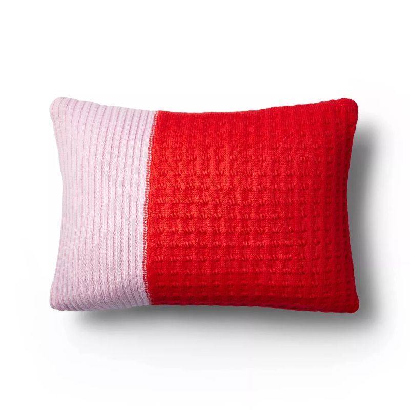 Photo 1 of 14" x 20" Textural Color Block Sweater Knit Lumbar Pillow Pink/Red - LEGO® Collection x Target
