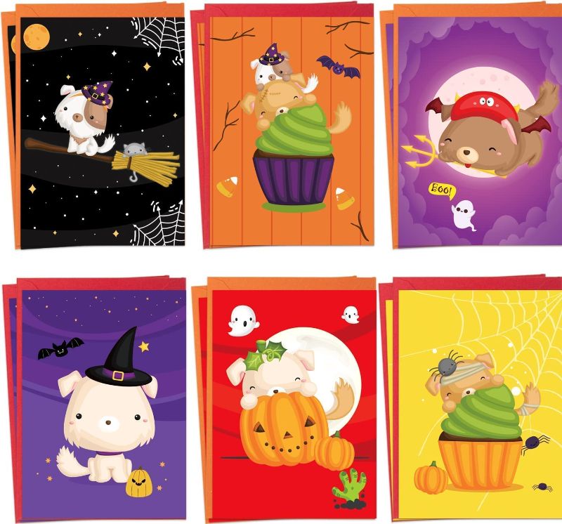 Photo 2 of Halloween Greeting Cards with Envelopes 12PCS Halloween Cute Animal Dog Cards for Kids Adults 5 x 7 Note Cards

