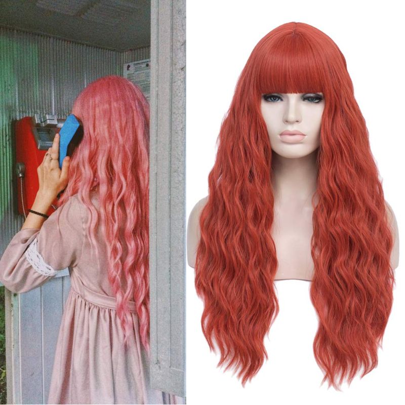 Photo 1 of Long Wavy Wig With Air Bangs Heat Resistant Synthetic Wigs for Women Natural Looking 28 inch Hair Replacement Wig for Daily Party Cosplay Body Wavy(Orange)
