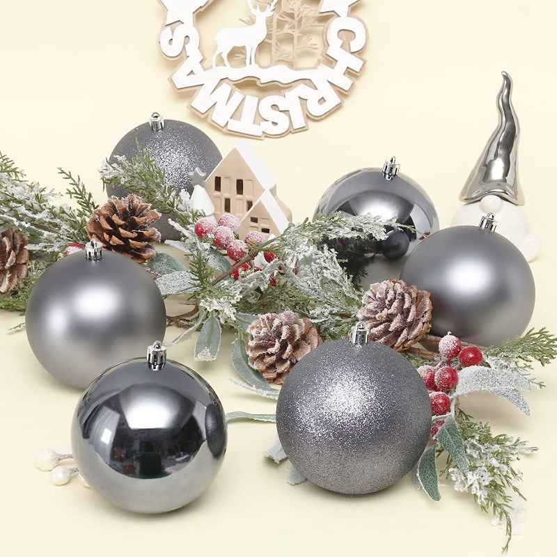 Photo 1 of 100MM/4 Large Christmas Ornaments, Christmas Ball Ornament Set for Xmas Tree, Shatterproof Decorations for Holiday, Party, Halloween, Thanksgiving, Christmas Decor - 6PCS, Grey.
