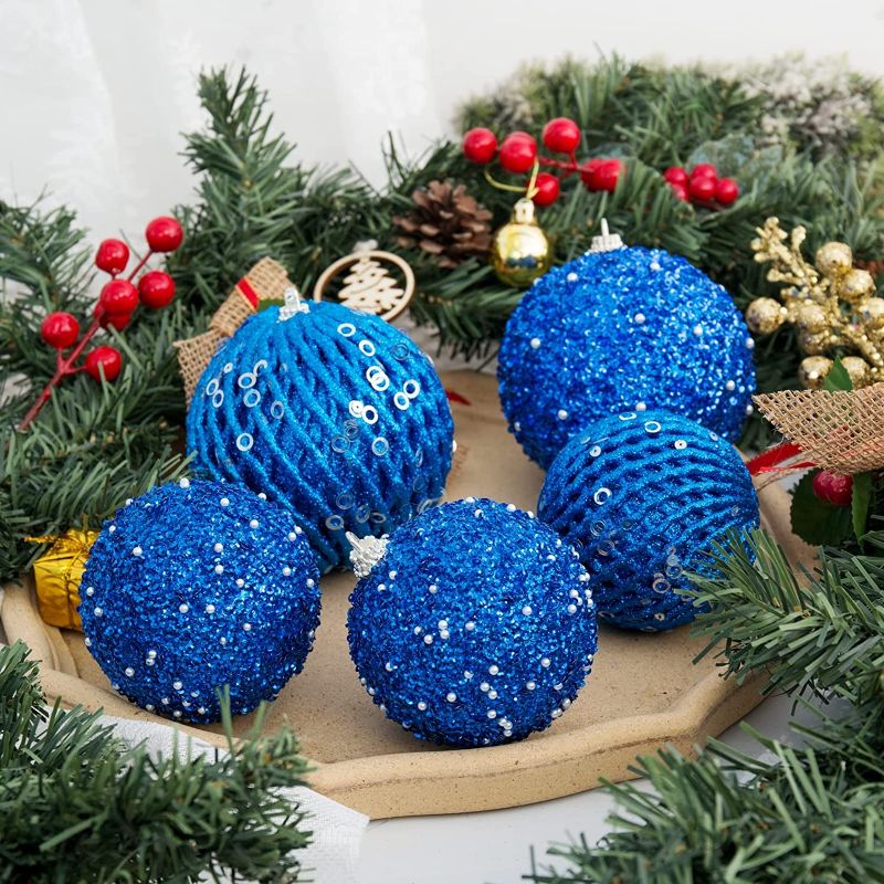 Photo 1 of 3.15" Christmas Ball Ornaments 12 pcs Glitter Sequin Foam Ball Shatterproof Christmas Decorations Tree Balls Xmas Hanging Balls for Xmas Trees Wedding Party Holiday Decorations(Sapphire)
