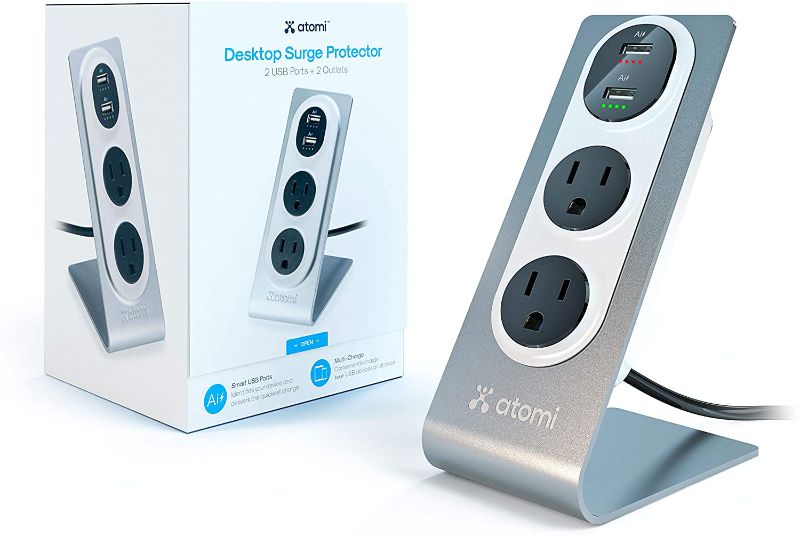 Photo 1 of Atomi Desktop Surge Protector - 2-Outlet Power Strip, 2 USB Charging Ports, Ai Rapid Charge for Phones, Tablets, Laptops, Cameras and More, Durable, Heavyweight Metal - Silver
