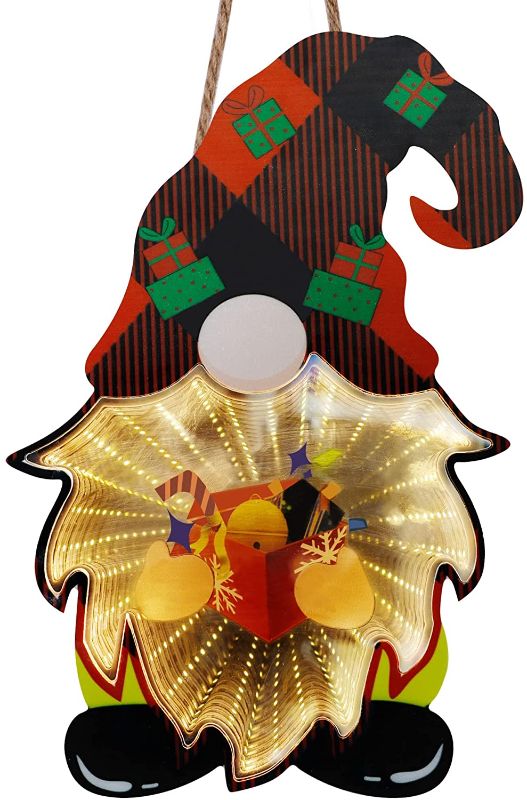 Photo 1 of winemana Christmas Decorations Door Sign, 12" x 8" Santa Gnome with LED Lights, Xmas Hanging Sign with Infinity Mirror Tunnel Lights for Window Front Door Wall Indoor Outdoor Party
