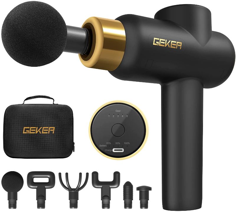 Photo 1 of Massage Gun, Muscle Massage Gun Deep Tissue Massage Gun - GEKER Percussion Massage Gun for Athletes, Massage Gun with 5 Speed Levels, 6 Massage Heads for Gym Home Post-Workout Recovery (Black)--unable to test needs to be fully charged 
