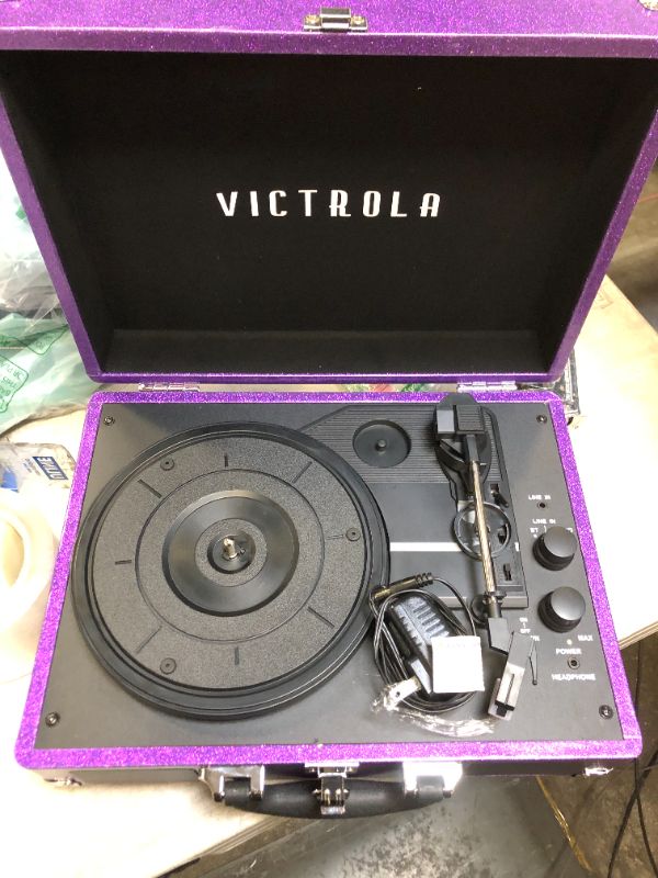 Photo 2 of Victrola Vintage 3-Speed Bluetooth Portable Suitcase Record Player with Built-in Speakers | Upgraded Turntable Audio Sound| Includes Extra Stylus | Purple Glitter (VSC-550BT-GPR), 1SFA
