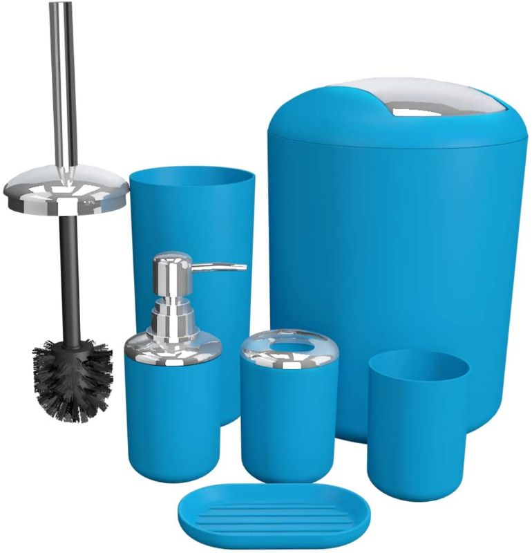 Photo 1 of Bathroom Accessories Set 6 Pieces Plastic Bathroom Accessories Toothbrush Holder, Rinse Cup, Soap Dish, Hand Sanitizer Bottle, Waste Bin, Toilet Brush with Holder (Blue)