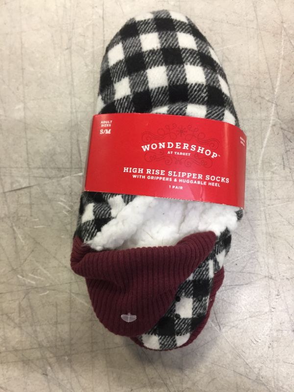 Photo 2 of Adult Buffalo Check Plaid Sherpa Lined Pull-On Slipper Socks with Huggable Heel & Grippers - Wondershop™ Black/White
