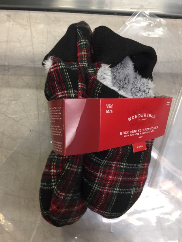 Photo 2 of Adult Tartan Plaid Fleece Lined Pull-On Slipper Socks with Huggable Heel & Grippers - Wondershop™ Black/Red size M/L
