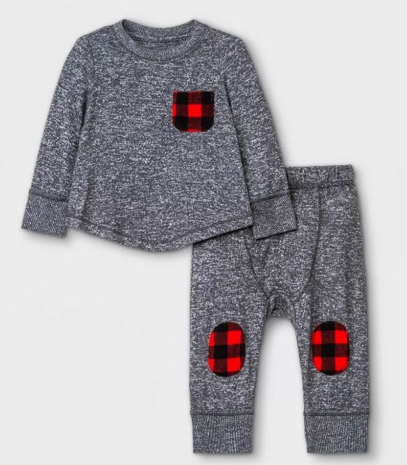 Photo 1 of Baby Boys' Buffalo Plaid Cozy Top & Bottom Set - Cat & Jack™ Charcoal Gray size 0-3M
