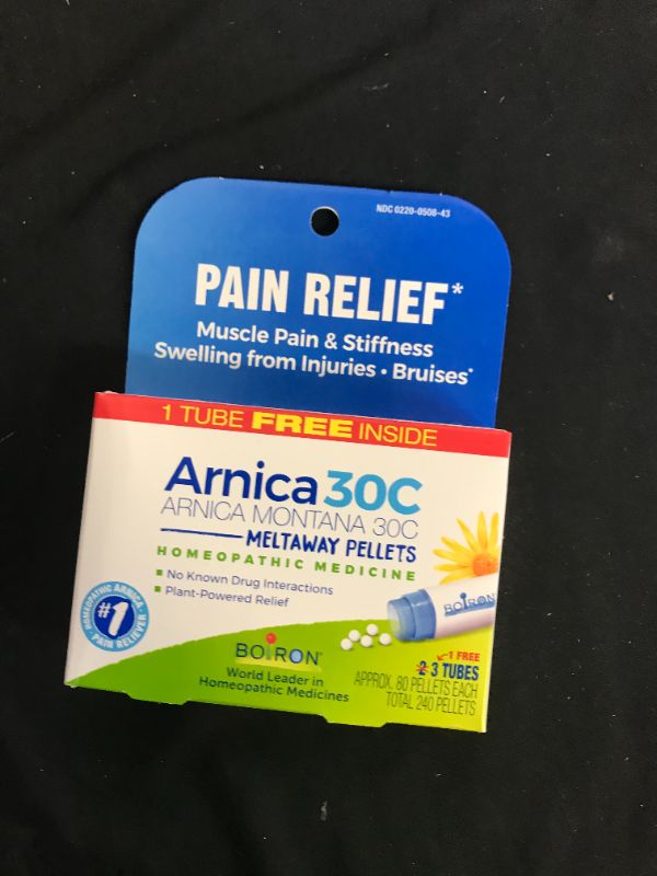 Photo 2 of Boiron Arnica 30C Bonus Pack Pain Relief, Muscle Pain & Stiffness, Swelling from Injuries, Bruises, 3 x 80 Pellets exp---Oct-2025