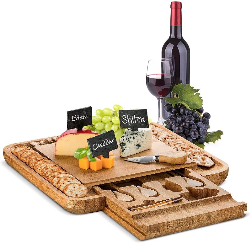 Photo 1 of Cheese Board Set with Cheese Knives and Utensils - Bamboo Wood Serving Tray with Slide-Out Hidden Drawer and Wide Juice Groves - Charcuterie Platter for Serving Wine, Cheese, Meat, and More