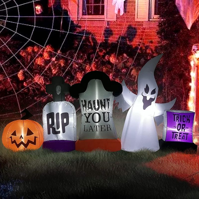 Photo 1 of EBANKU 7.5 FT Long Halloween Inflatable Pumpkin Decoration Tombstones Ghost Outdoor Inflatable with Build-in LEDs Lamp Blows Up Halloween Decoration for Yard, Garden, Lawn