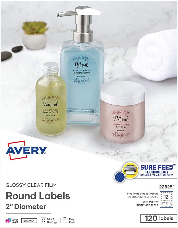 Photo 1 of Avery Printable Round Labels with Sure Feed, 2" Diameter, Glossy Clear, 120 Customizable Labels (22825)