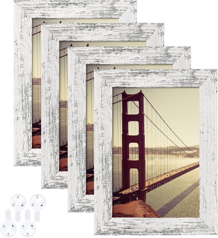 Photo 1 of BAIJIALI 4x6 Picture Frame Distressed White Wood Pattern Set of 4 with Tempered Glass,Display Pictures 3.5x5 with Mat or 4x6 Without Mat, Horizontal and Vertical Formats for Wall and Table Mounting