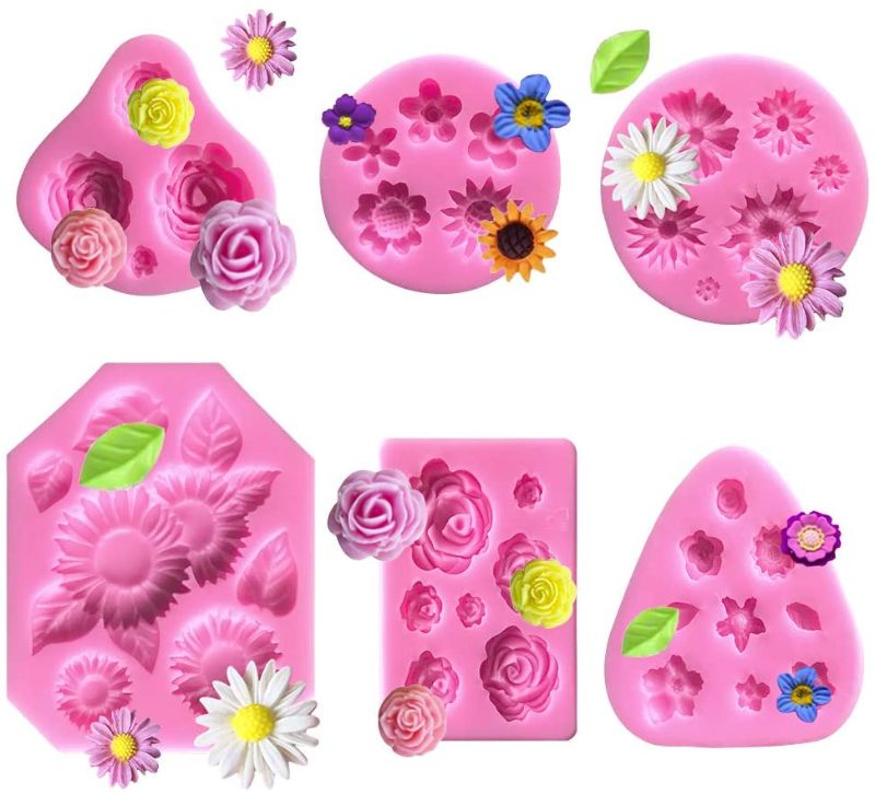 Photo 1 of 6Pcs Flower Fondant Cake Molds, MODOWEY Mini Flower Silicone Flower Daisy Roses Flower Candy Mould DIY Tool for Cake Decoration Cupcake Topper Sugarcraft Wax Polymer Clay Soap Making
