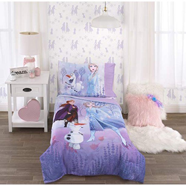 Photo 1 of Disney Frozen 2 Lavender, Light Blue and Purple Forest Spirit 4 Piece Toddler Bed Set - Comforter, Fitted Bottom Sheet, Flat Top Sheet, Reversible Pillowcase