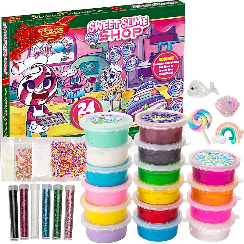 Photo 1 of JOYIN 2021 DIY Slime Advent Calendar Christmas 24 Days Countdown Advent Calendar with 16 Slime and 8 Accessories 24 Days Surprises with DIY Slime Kit Slime Making Toy
