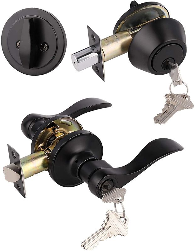 Photo 1 of 1Pack Front Door/Exterior Door Lever Lockset with Single Cylinder Deadbolt Combination Set Keyed Alike, Matte Black Finished
