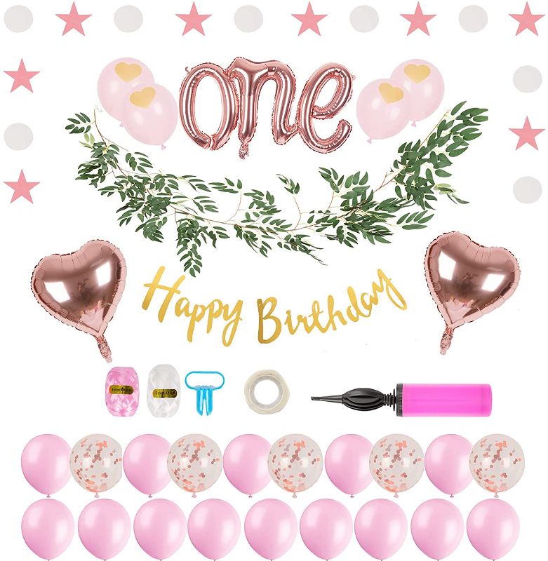 Photo 1 of Baby Girl 1st Happy Birthday Decorations, First Birthday Party Decorations Set, Happy Birthday Banner, Stars Banner, Hearts and Confetti Balloons
