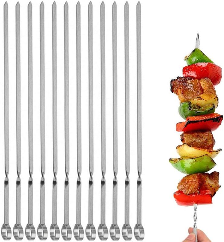 Photo 1 of 12PCS Kabob Skewers Flat Metal BBQ Barbecue Skewer 14" Long Stainless Steel Shish Kebob Sticks Wide Reusable Grilling Skewers Set for Meat Shrimp Chicken Vegetable, 12 Pack
