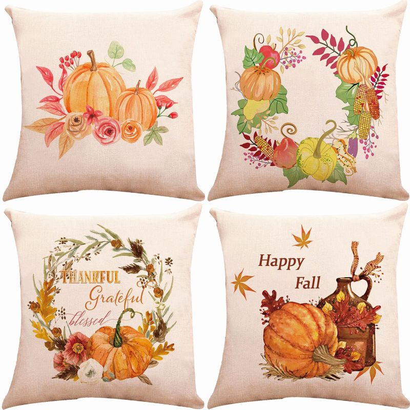 Photo 1 of ZUEXT Happy Fall Autumn Pumpkin Throw Pillow Covers 16 x 16 Inch 2 Side Print, Set of 4 Cotton Linen Square Cushion Pillowcases for Car Bed Couch, Halloween Thanksgiving Gift Fall Harvest Home Decor
