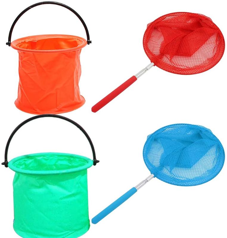 Photo 1 of SIMUER 2Pcs Extendable Fishing Net Telescopic Butterfly Nets Insect Net with 2Pcs Stretchable Handle Foldable Barrel for Kids Catching Bugs Insect Small Fish Grasshopper Crickets Firefly Net
