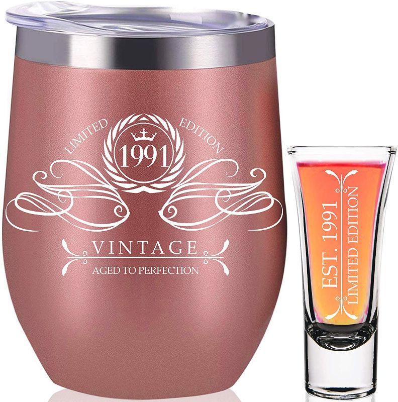 Photo 1 of 1991 31st Birthday Gifts For Women, 31st Birthday Decorations for Women, Funny Present Ideas Her Wife Mom Coworker, Rose Gold Wine Tumbler 12 oz Stainless Steel Insulated Shot Glass, 31 Anniversary
