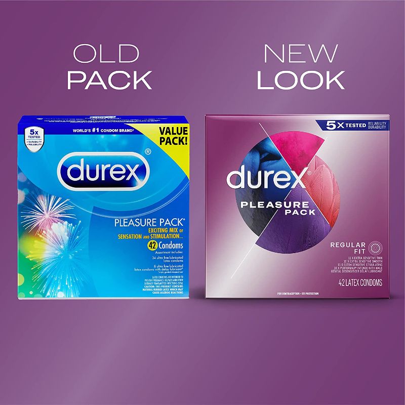 Photo 1 of Durex Pleasure Pack Assorted Condoms, Exciting Mix of Sensation and Stimulation, Natural Rubber Latex Condoms for Men, Regular Fit, FSA & HSA Eligible, 42 Count (Packaging may Vary) 2 packs bb 9/22
