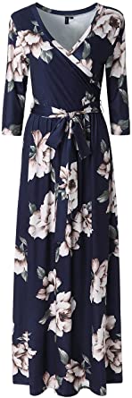 Photo 1 of Kranda Womens 3/4 Sleeve V Neck Floral Print Faux Wrap Long Maxi Dress with Belt. Small
