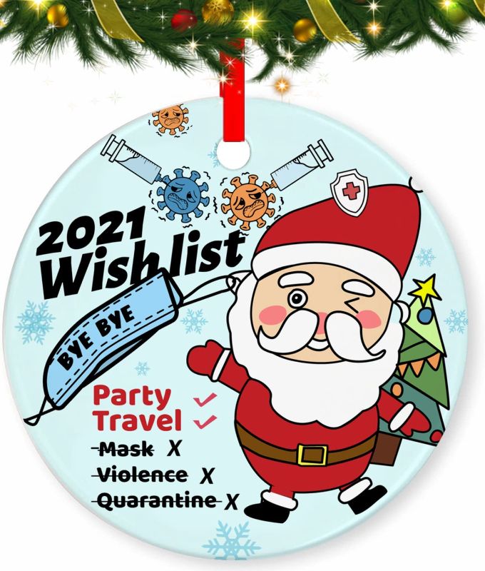 Photo 1 of 2 PACK 2021 Christmas Ornament Christmas Tree Ornaments,Quarantine Ornament,Holiday Decorations Hanging Decor,Two-Side Printed Round Ceramic Crafts Gifts
