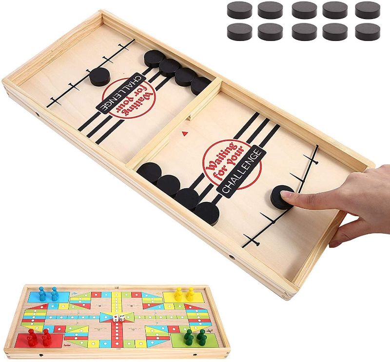 Photo 1 of Large Fast Sling Puck Game, 2 in 1 Table Battle Games, Paced Winner Board Games Toys for Family Game Night, Wooden Hockey Table Game, Parent-Child Interactive Board Toys