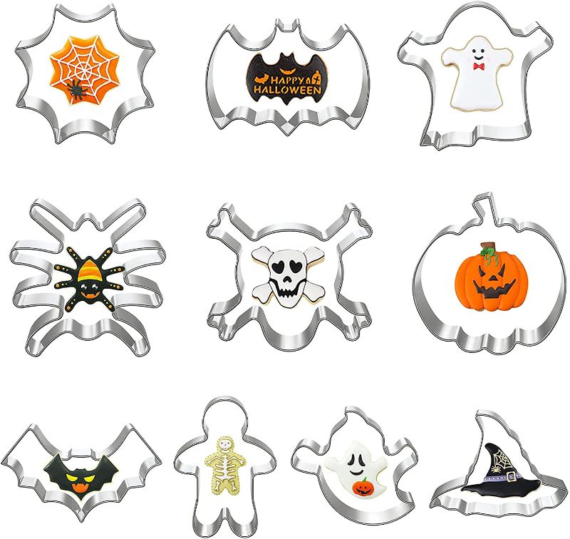 Photo 1 of 10 Pack Halloween Cookie Cutters, Metal Pumpkin Cookie Cutters for Baking, Spider Web, Ghost, Bat, Witch Hat Cookie Molds
