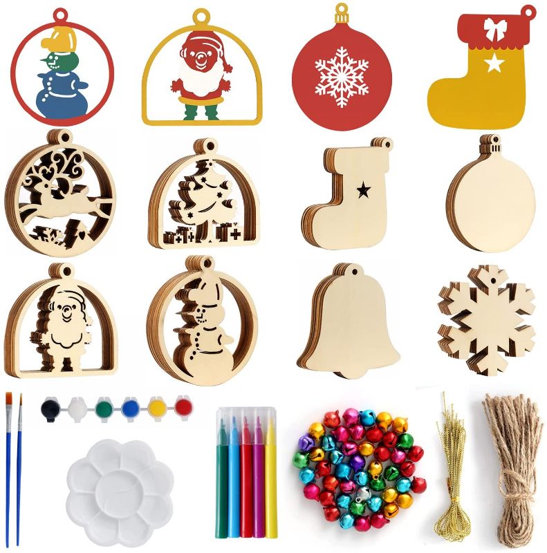 Photo 1 of 48pcs Unfinished Wooden Hanging Ornaments for Christmas Decorations-DIY Hanging Ornament Supplies with 8 Shape for Kids Holiday Crafting Decorations
