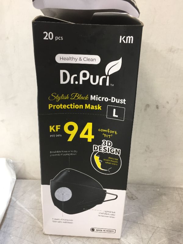 Photo 3 of [20 Pack] Dr.Puri New Micro-Dust Protection Face Premium Mask (KF94) Black Large