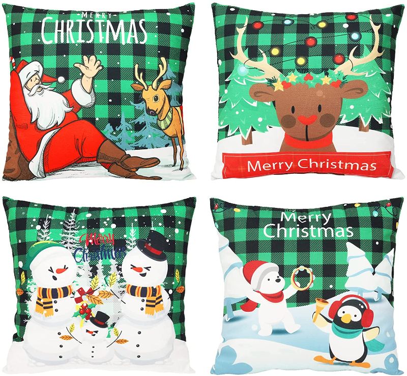 Photo 1 of Christmas Pillow Covers 18x18 Inches Christmas Decorations Set of 4 Xmas Series Cushion Pillow Cover Zippered Pillow Case for Sofa Couch Christmas Home Decorations Throw Pillow Covers (Green)
