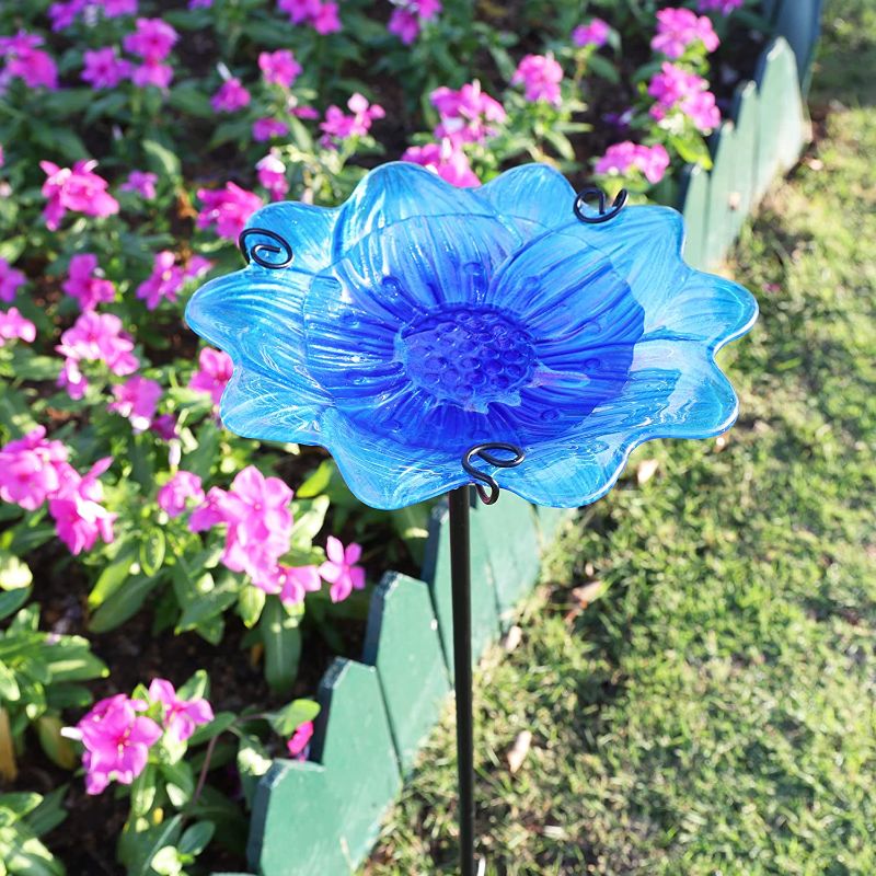Photo 1 of AnnaStore Bird Baths for Outdoors Glass Birdbath Small Bird Bath Bowl with Metal Stake Flower Bird Drinking for Garden Yard Patio Decor Blue - 26 Inch Height