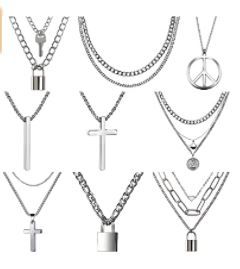 Photo 1 of 9Pcs Men Chain Necklace Love Peace Planet Cross Lock Key Layered Pendants Necklace Statement Emo Gothic Choker Fashion Jewelry for Women Egirl Eboy